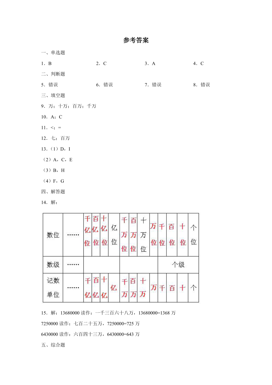 四年级上册数学人教版课时练第一单元《数的产生》02_第4页