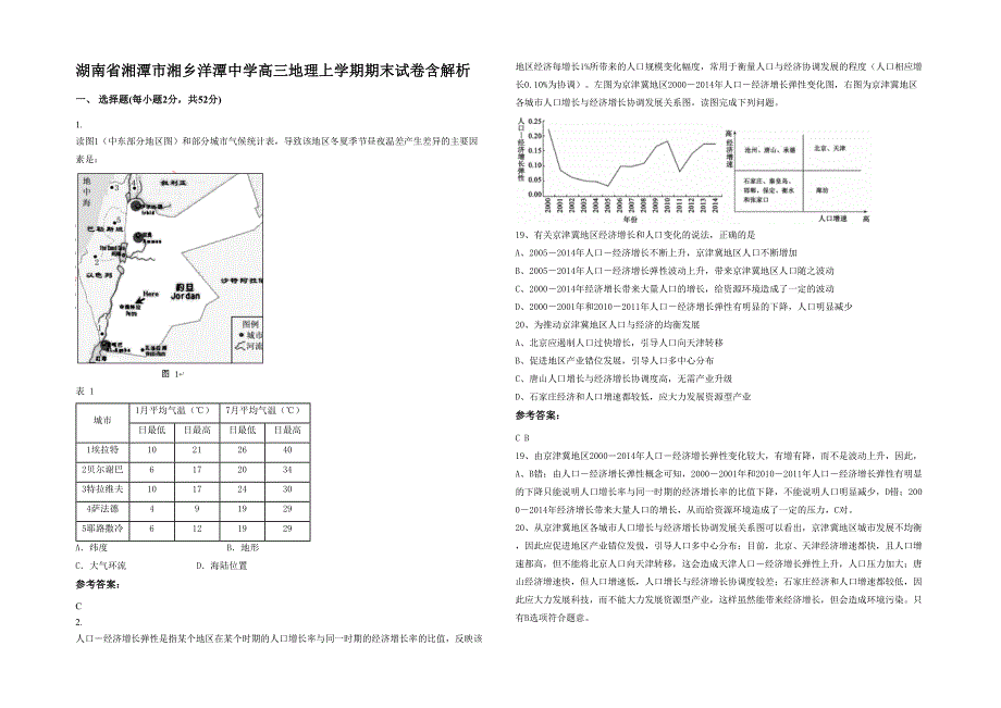 湖南省湘潭市湘乡洋潭中学高三地理上学期期末试卷含解析_第1页