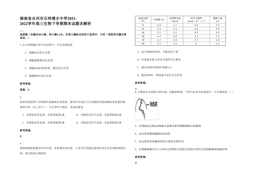 湖南省永州市石梓塘乡中学2021-2022学年高三生物下学期期末试题含解析_第1页