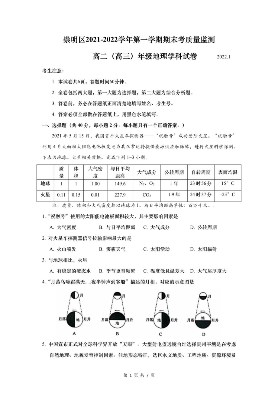 上海市崇明区2021-2022学年高二（高三）上学期期末（一模）质量监测地理试卷_第1页