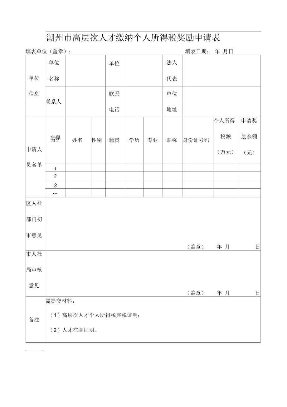 潮州高层次人才缴纳个人所得税奖励申请表_第1页