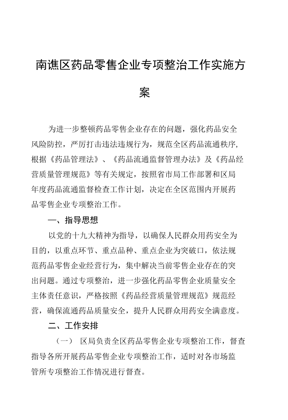 南谯区药品零售企业专项整治工作实施_第1页