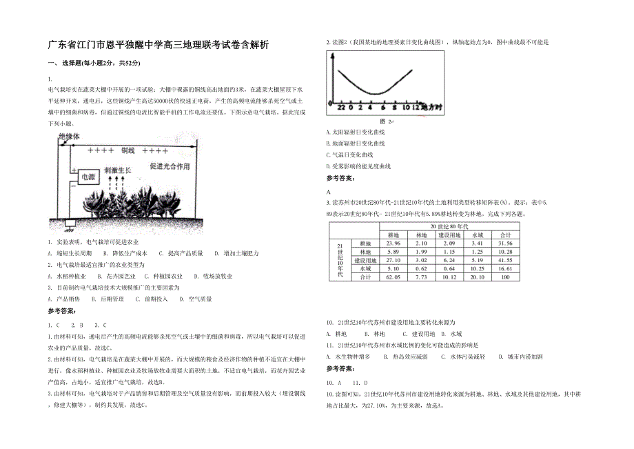 广东省江门市恩平独醒中学高三地理联考试卷含解析_第1页