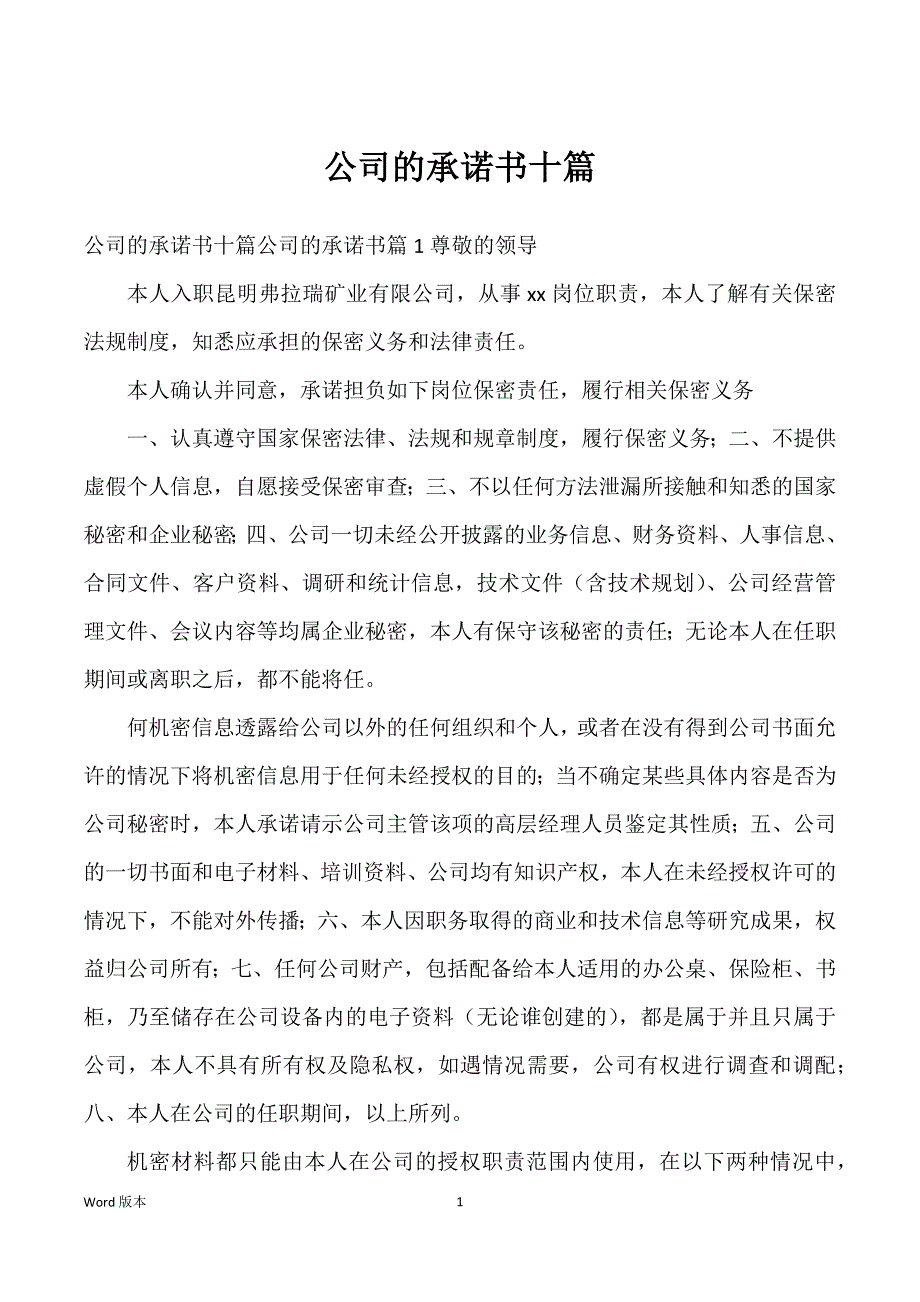 公司得承诺书十篇_第1页