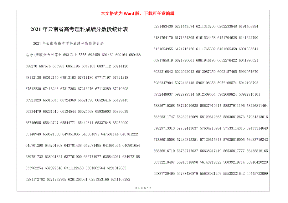 2021年云南省高考理科成绩分数段统计表_第1页