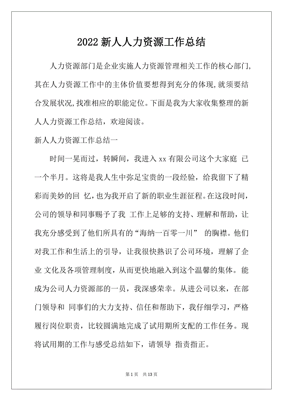 2022年新人人力资源工作总结_第1页