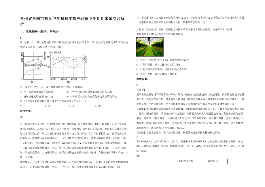 贵州省贵阳市第九中学2020年高三地理下学期期末试卷含解析_第1页