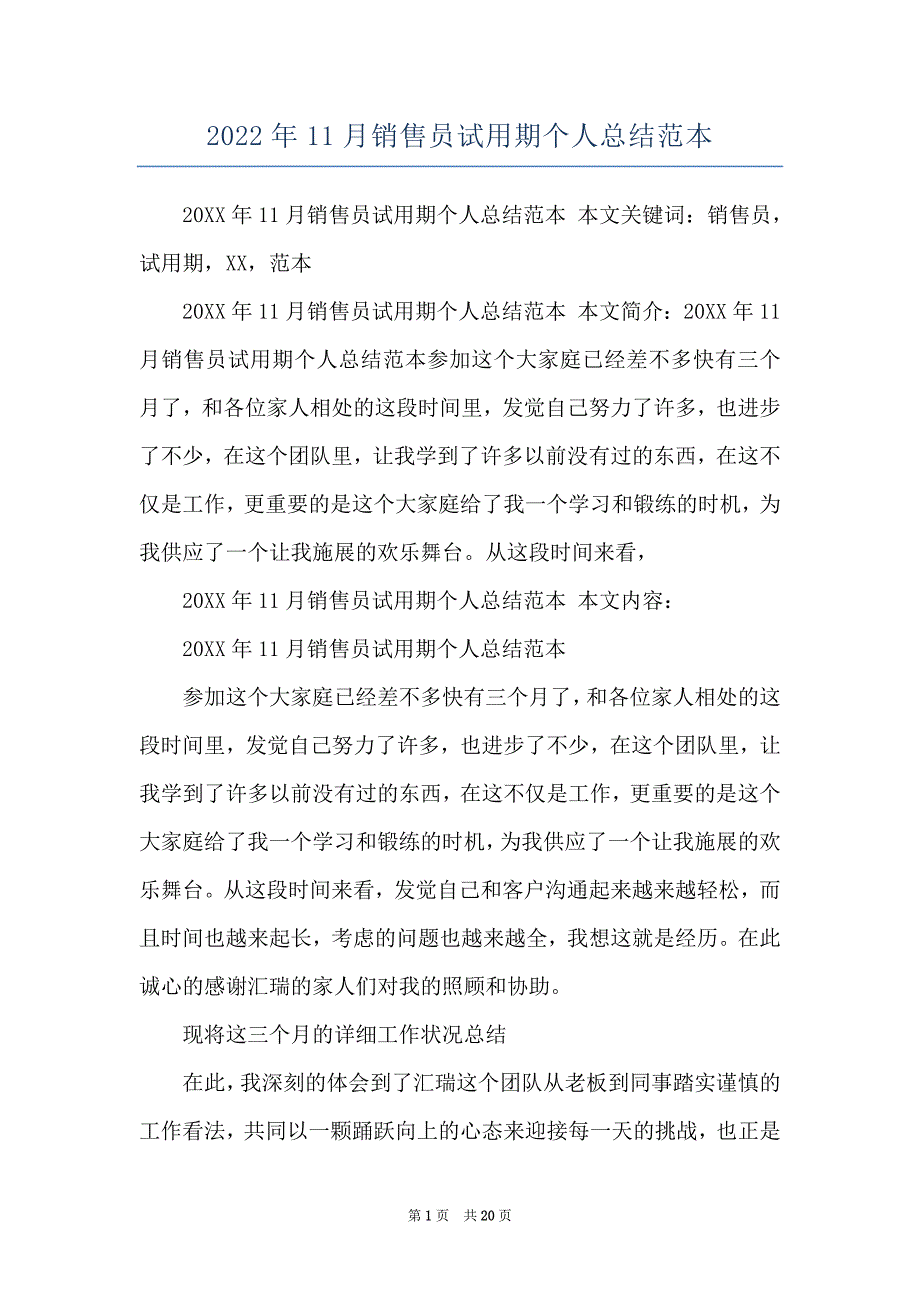 2022年11月销售员试用期个人总结范本_第1页