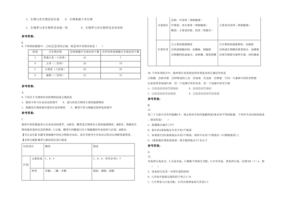 贵州省遵义市湄潭县黄家坝镇第二中学高一生物月考试卷含解析_第2页