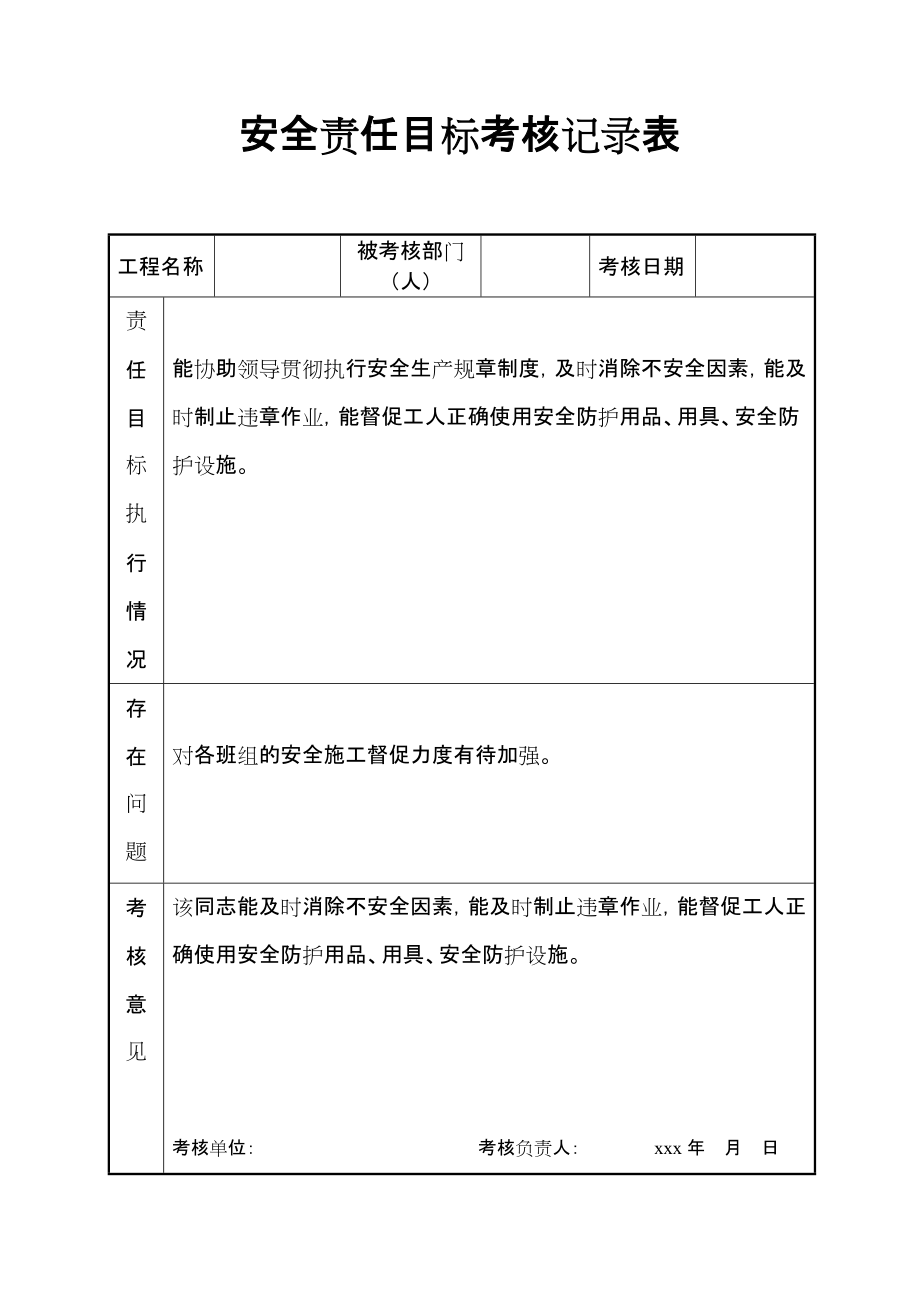 建筑工程安全责任目标考核记录表_第1页