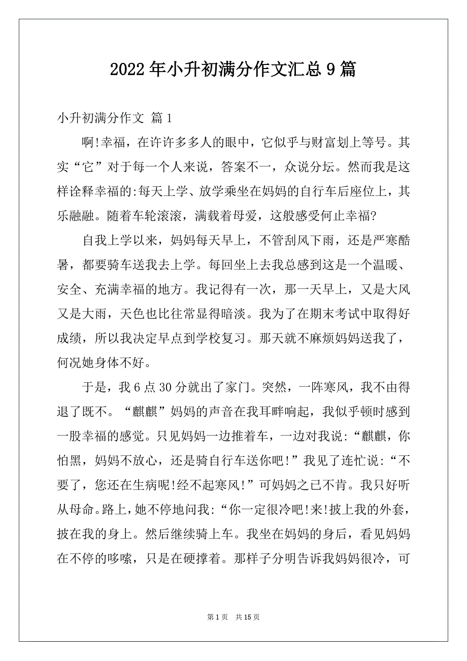 2022年小升初满分作文汇总9篇_第1页