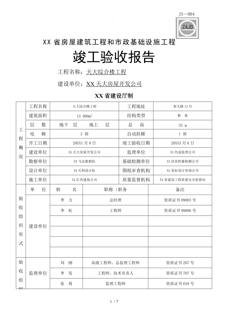 四川房屋建筑工程与市政基础设施工程竣工验收报告_第1页