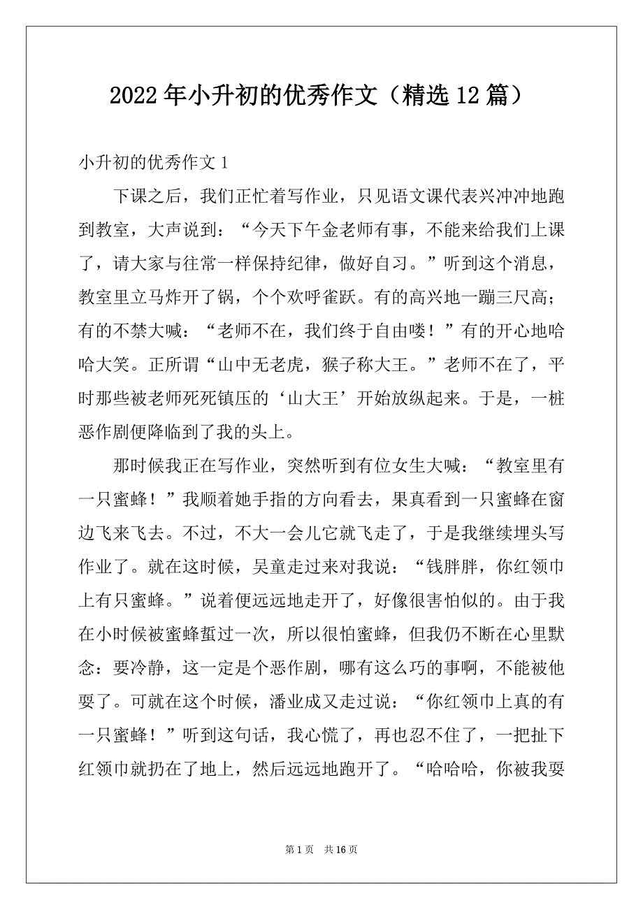 2022年小升初的优秀作文（精选12篇）_第1页