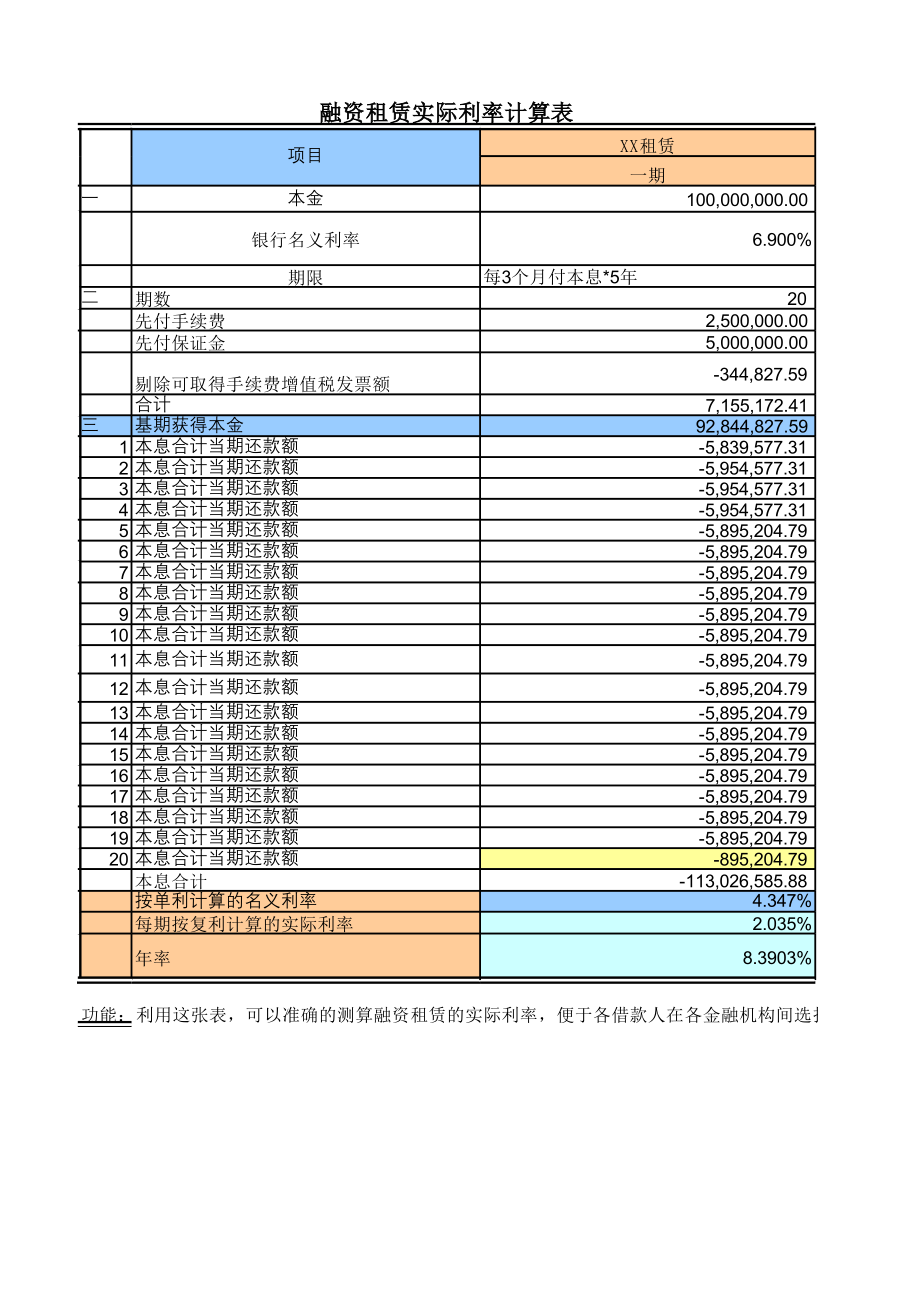 融资租赁单利名义利率、复利实际利率计算表(附公式版)_第1页