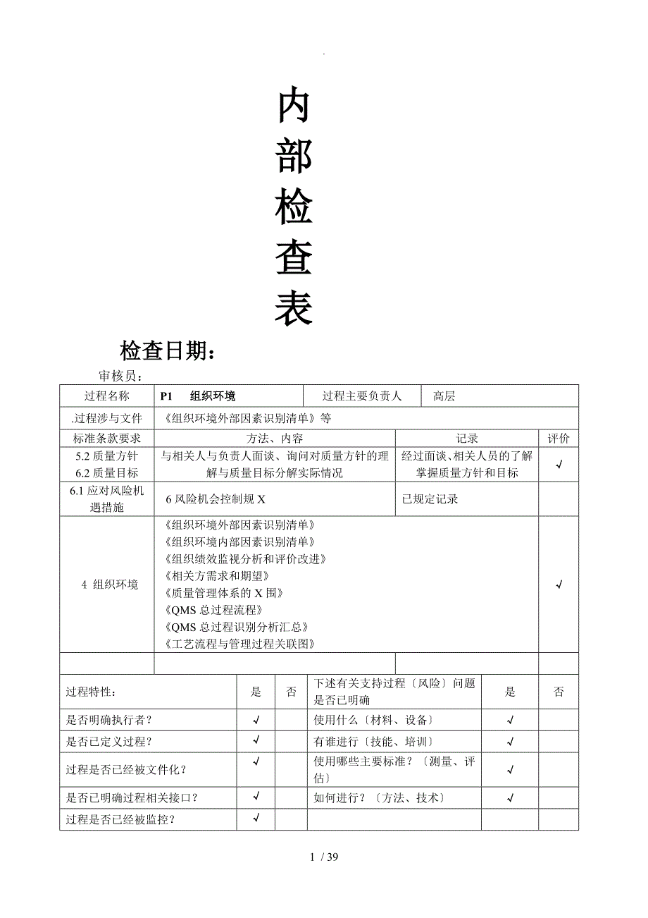 ISO9001_2016年内部审核检查表[过程模式]_非常好_第1页