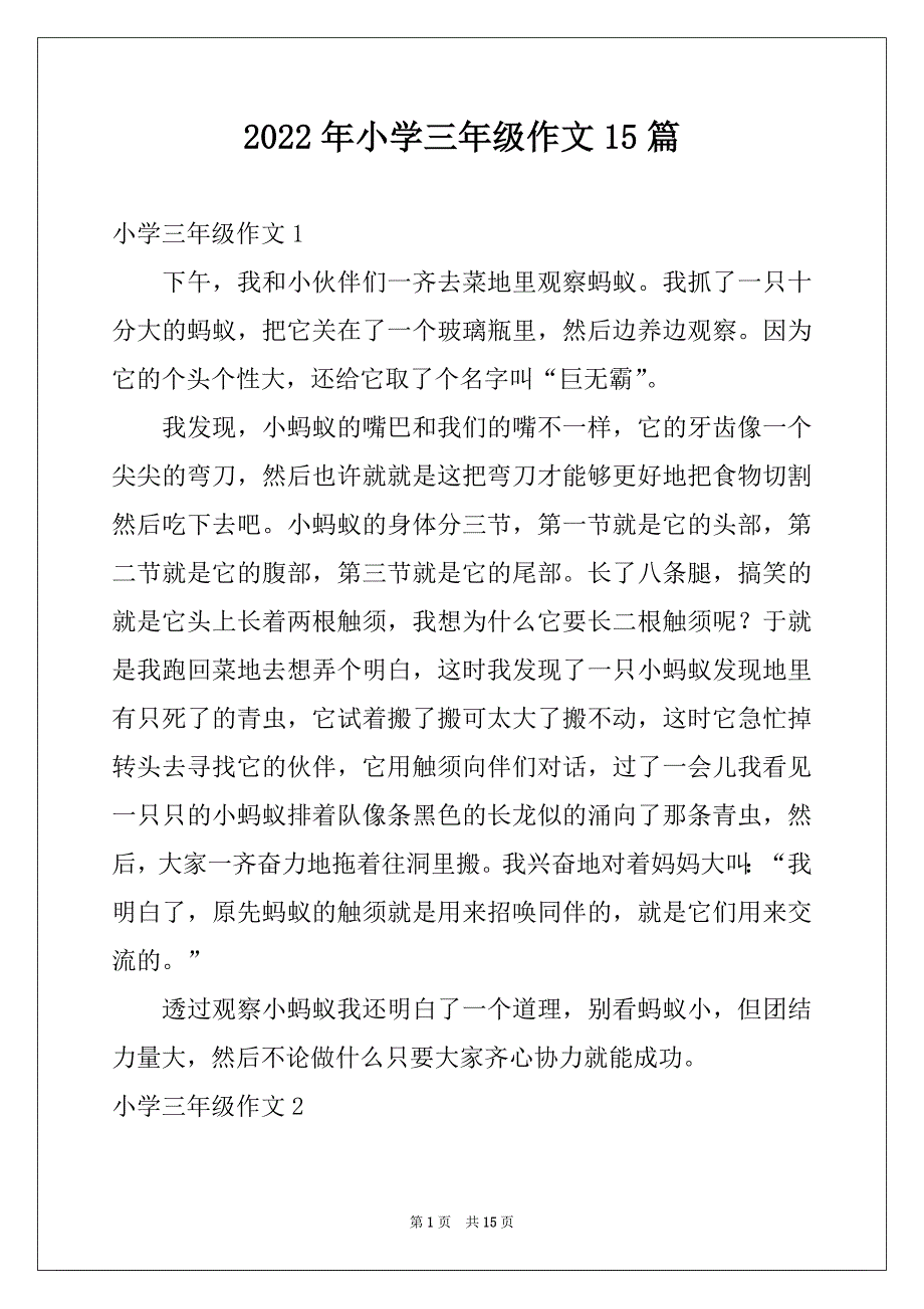 2022年小学三年级作文15篇例文_第1页