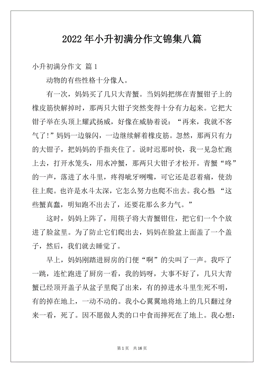 2022年小升初满分作文锦集八篇精选_第1页