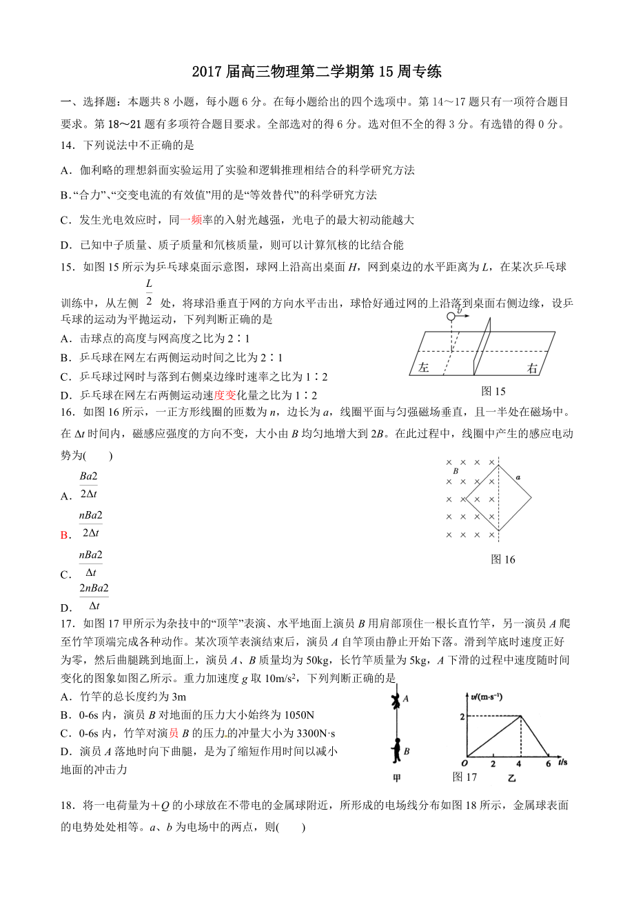 《2017届高三物理第二学期第15周0模试题》_第1页