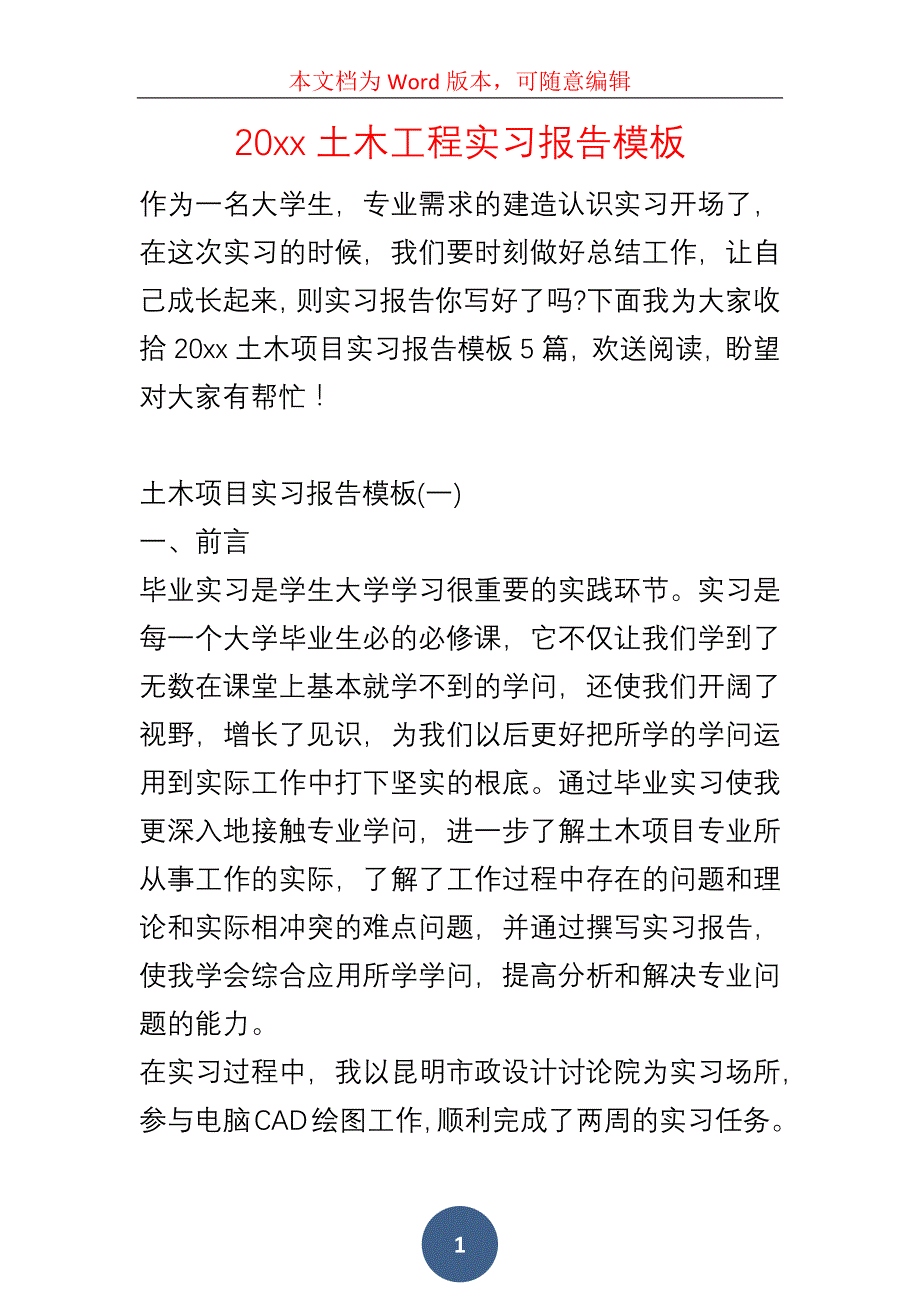 20xx土木工程实习报告模板（一）_第1页