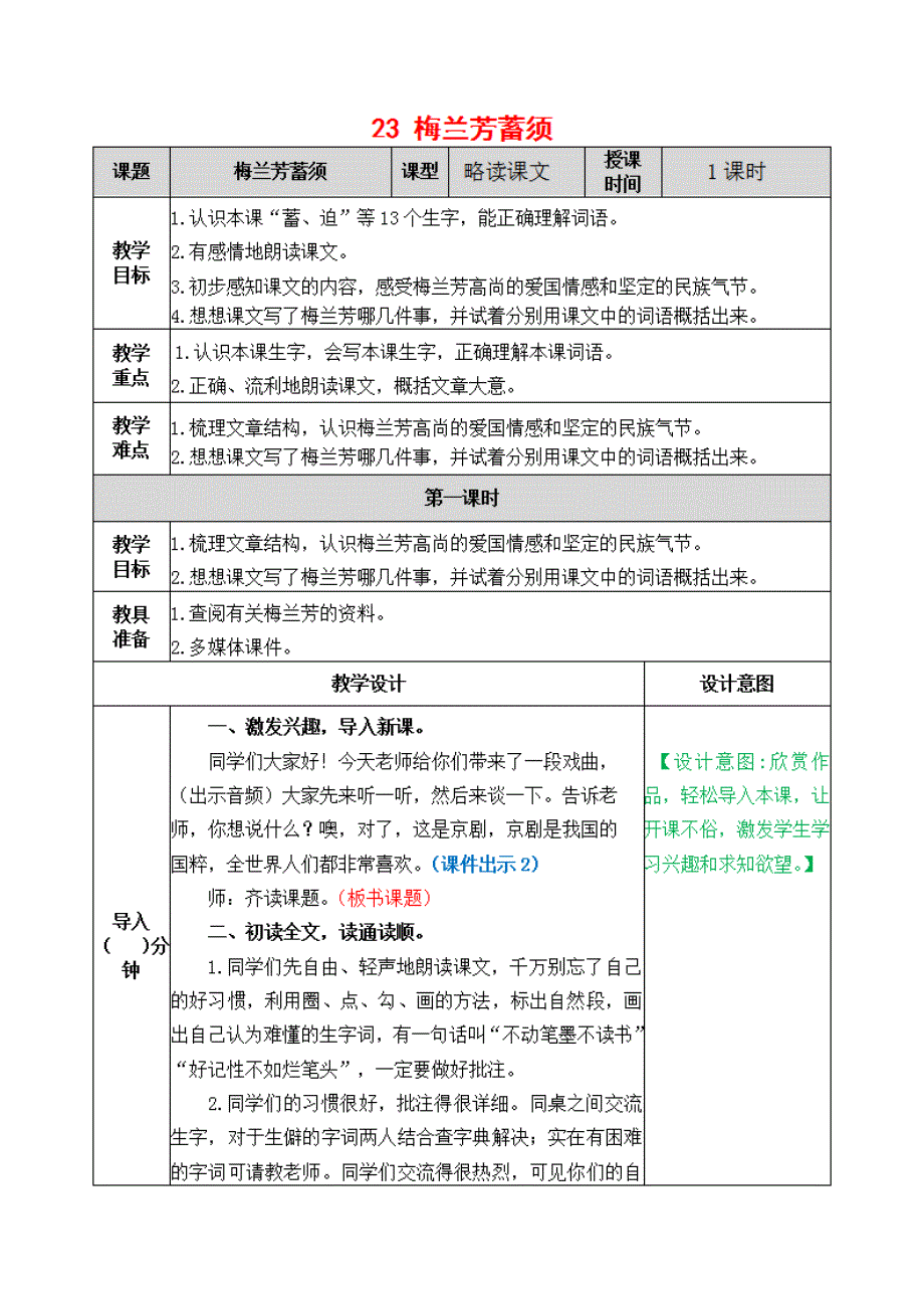 人教部编版四年级语文上册《23 梅兰芳蓄须》教案教学设计优秀公开课 (2)_第1页