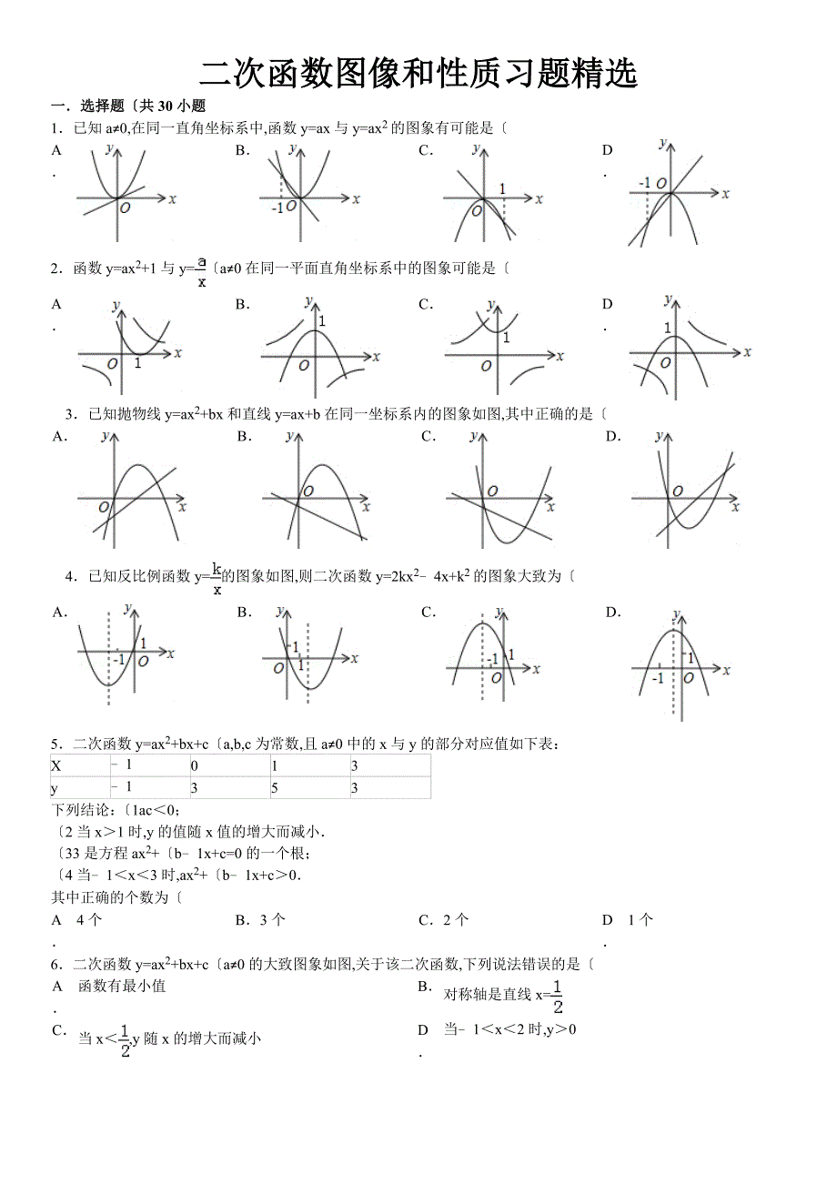 二次函数图像和性质习题精选(含答案及解析)_第1页