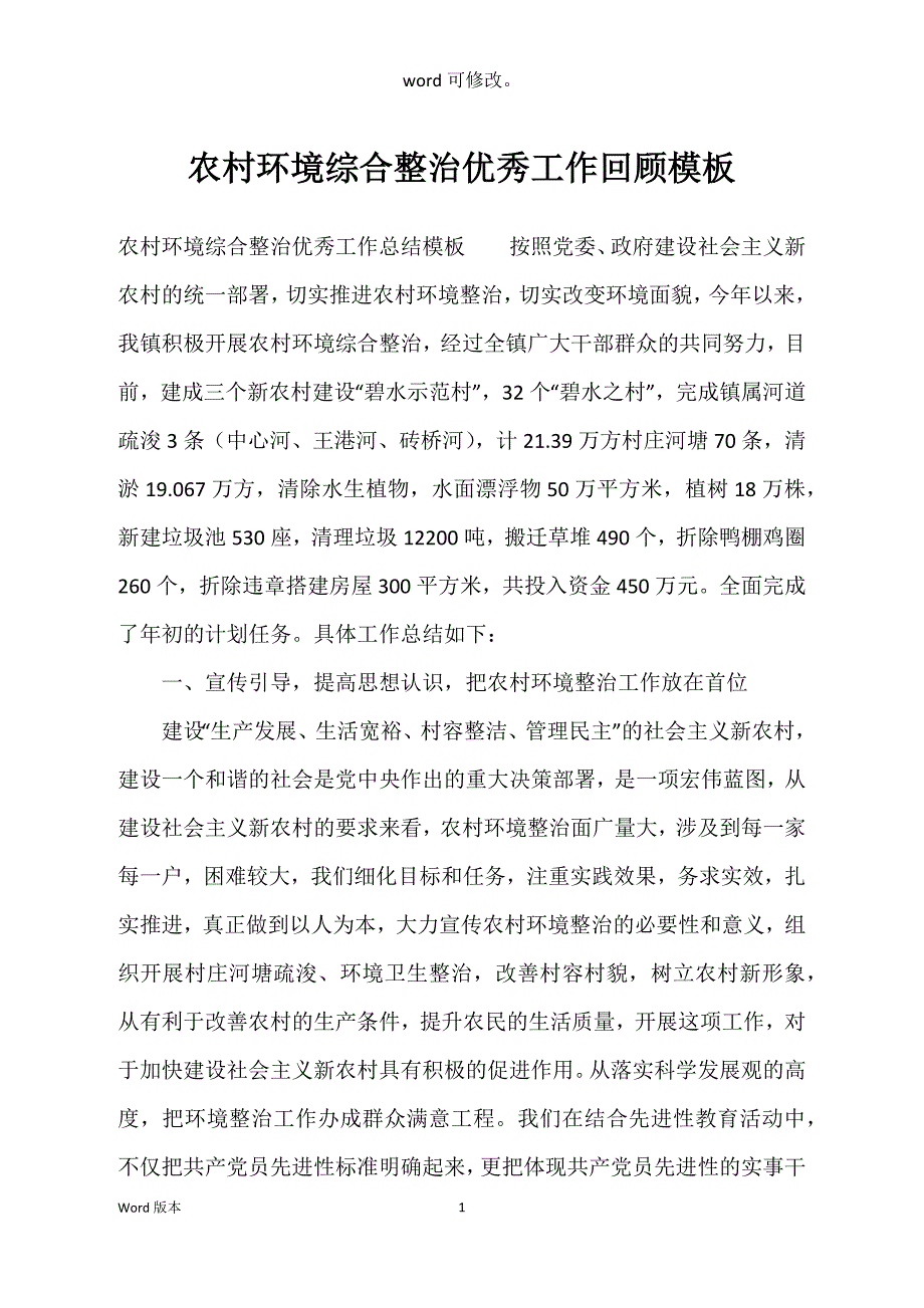 农村环境综合整治优秀工作回顾模板_第1页