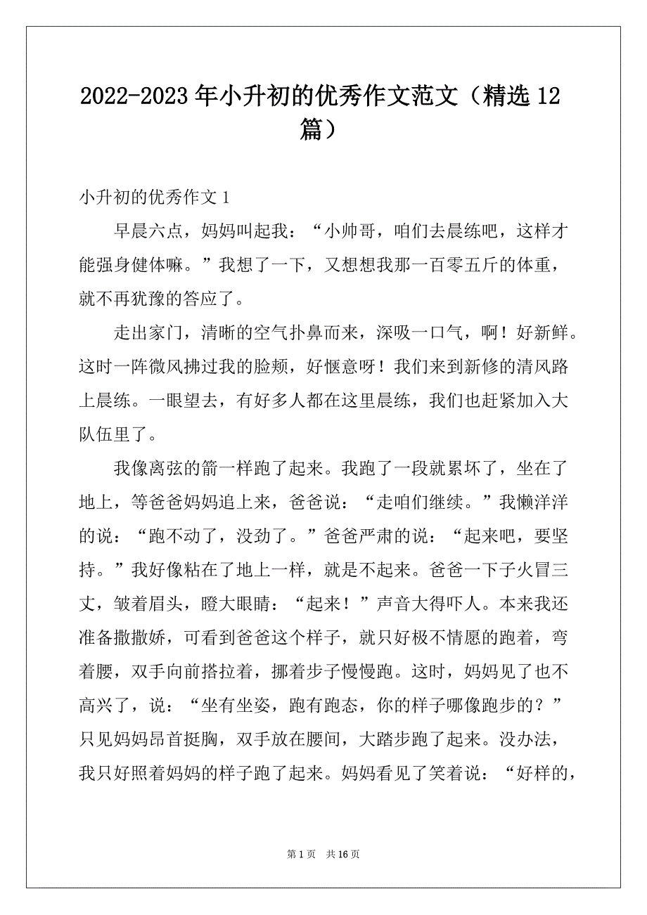 2022-2023年小升初的优秀作文范文（精选12篇）_第1页