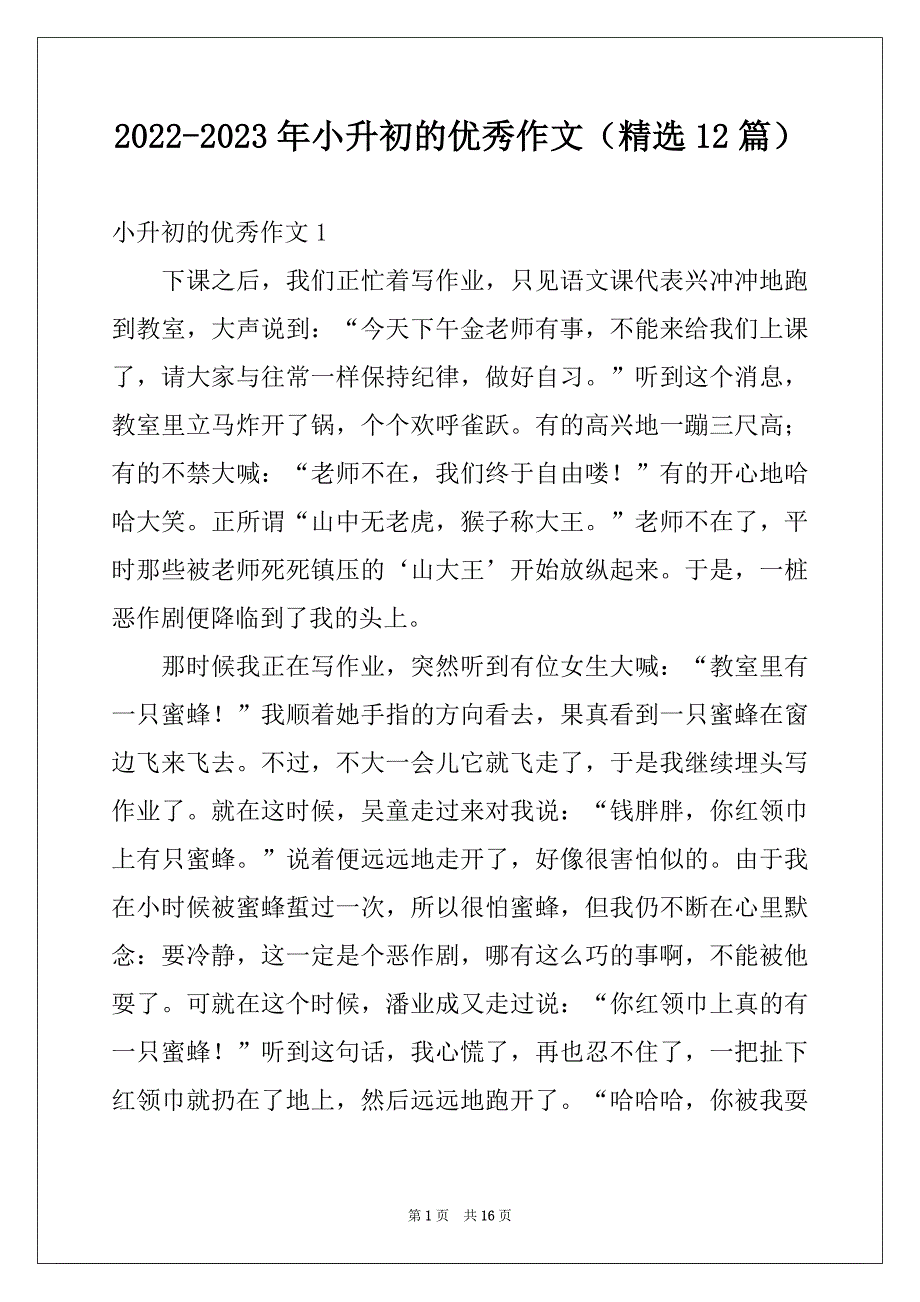 2022-2023年小升初的优秀作文（精选12篇）_第1页