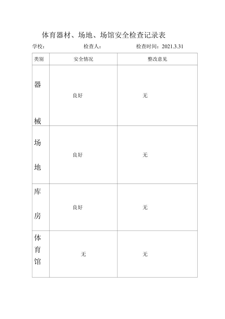 学校体育安全检查记录表_第1页