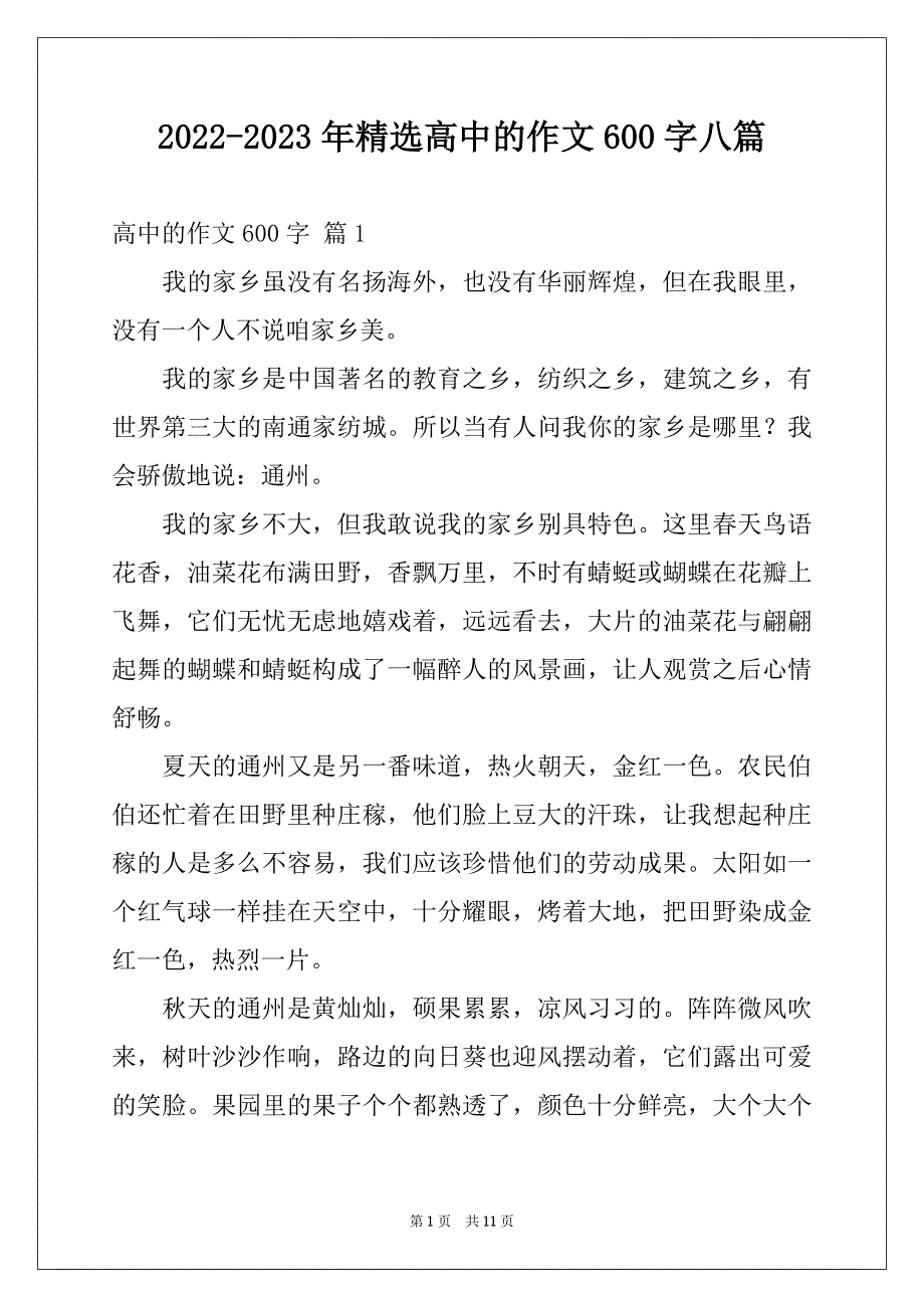 2022-2023年精选高中的作文600字八篇_第1页