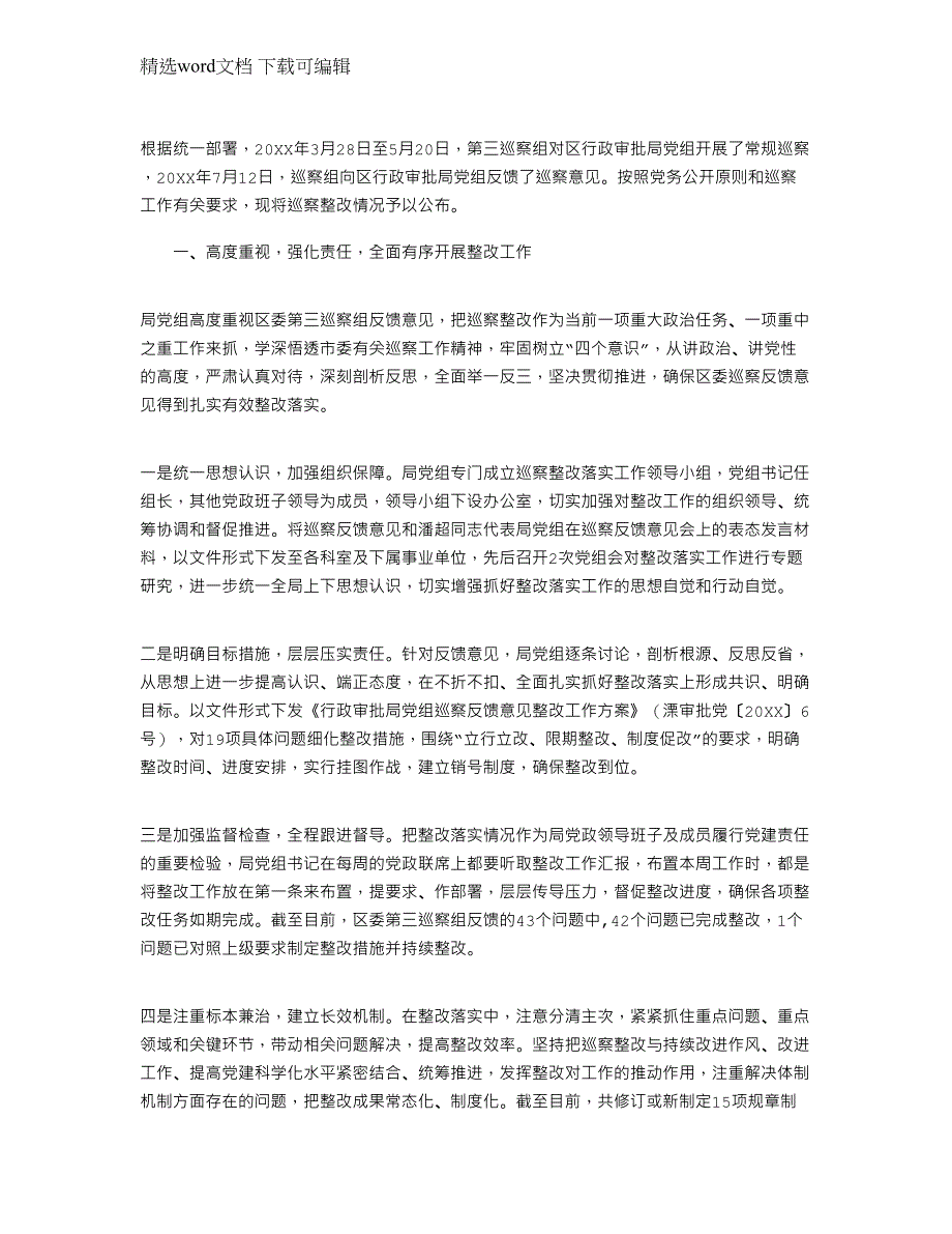 2022年行政审批局党组关于巡察整改情况的报告_第1页