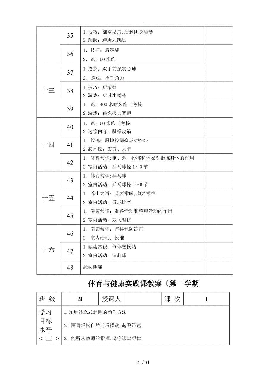 小学四年级第一学期体育及健康教案（全册)教学计划48课时_第5页