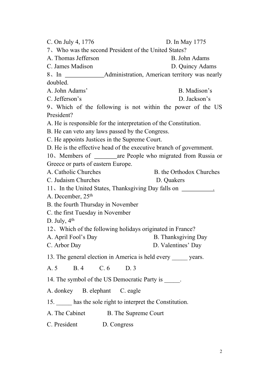 内蒙古大学2006-2007 第一学期 (秋季)《英美概况》期末试卷2及答案_第2页
