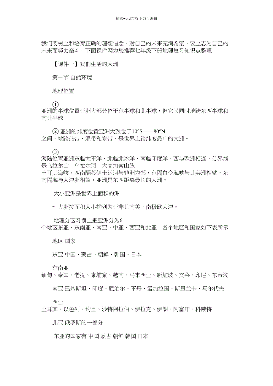 2022年七年级下册地理复习知识点整理范文_第1页