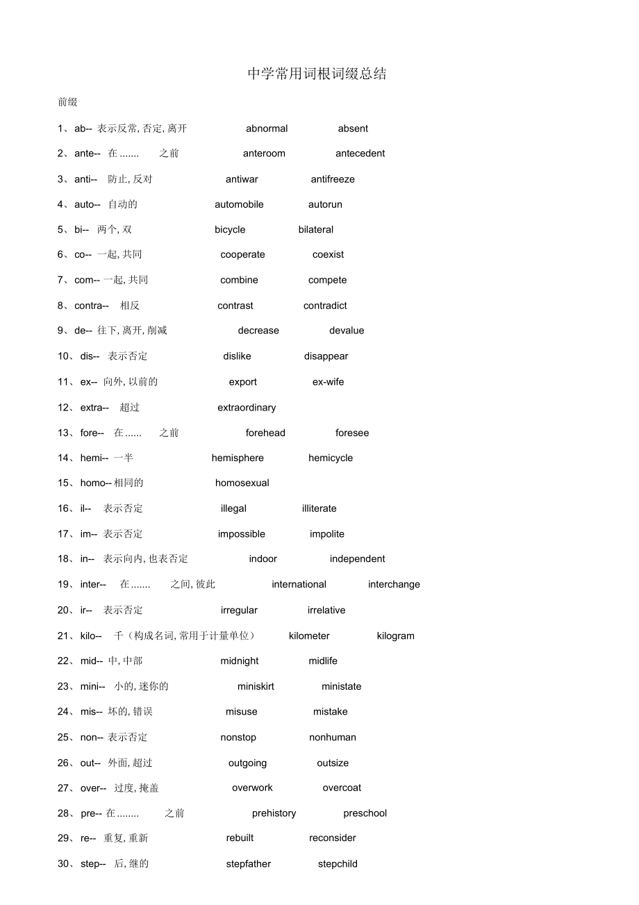 2022年初中最常见词根词缀总结_第1页