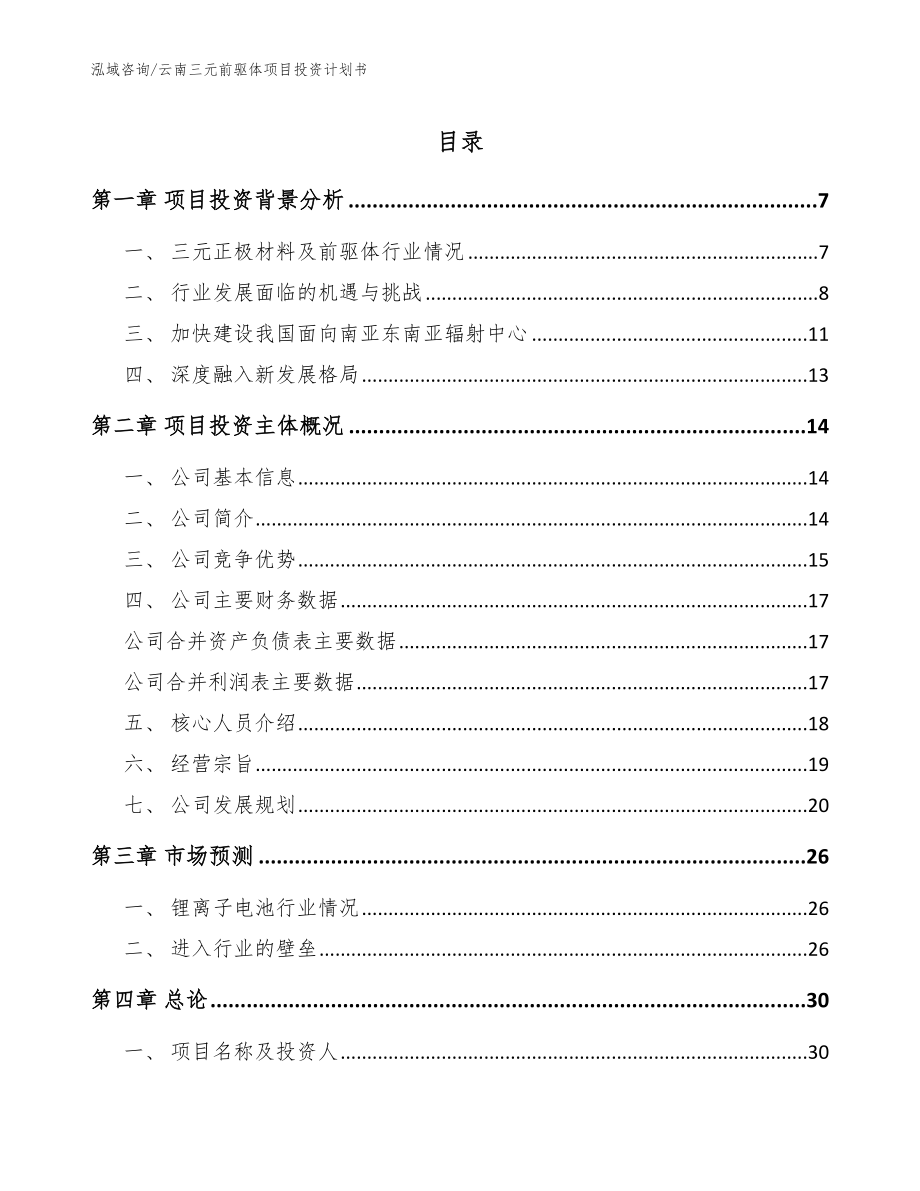 云南三元前驱体项目投资计划书_范文参考_第1页