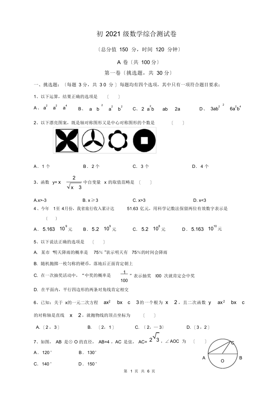 2022年初三数学综合模拟题_第1页