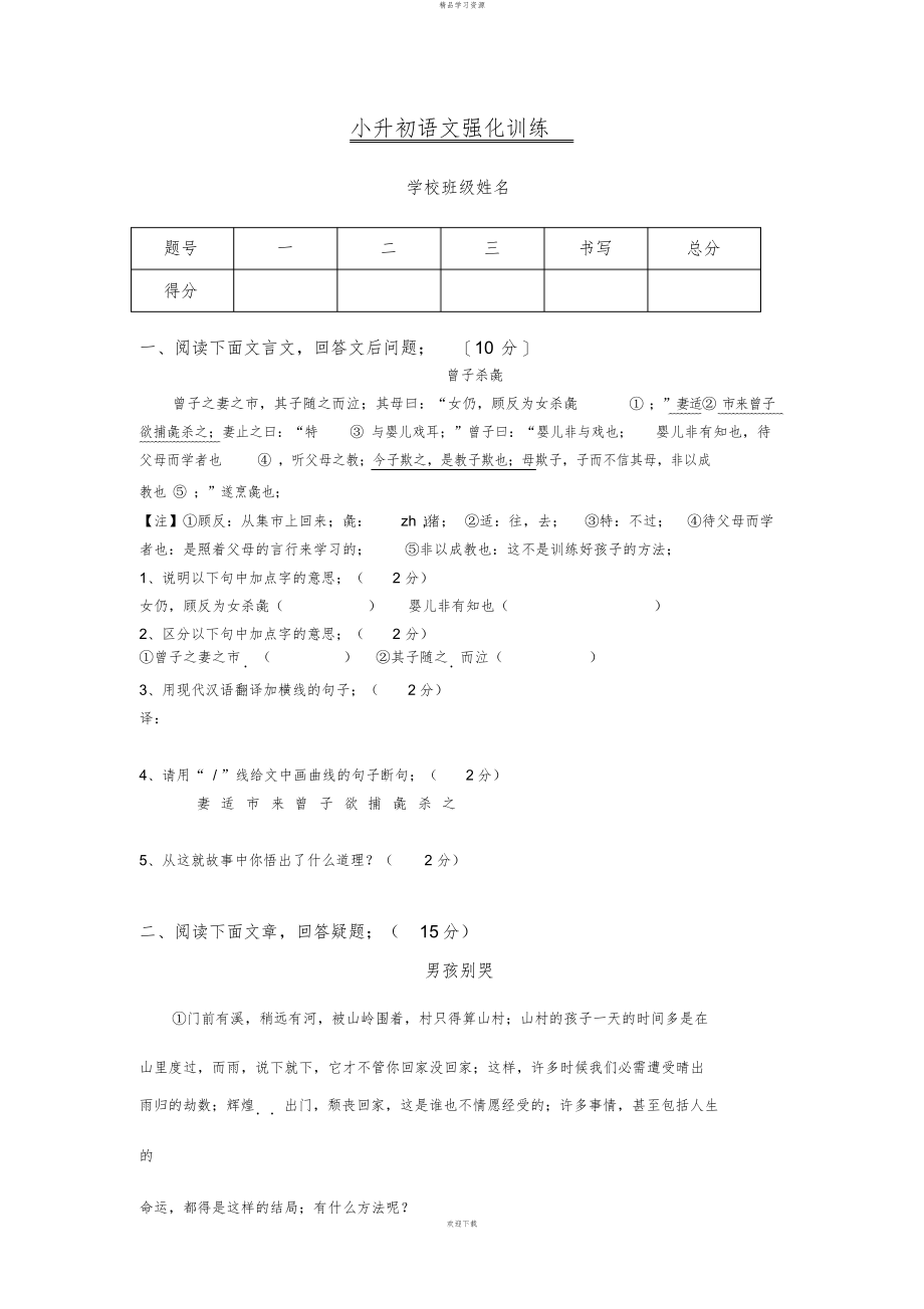 2022年小升初语文强化训练_第1页