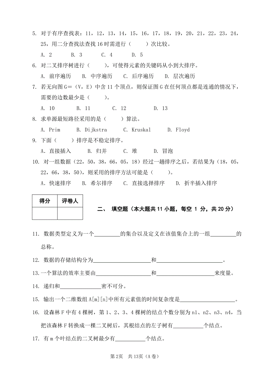 内蒙古大学2009～2010 学年第二学期算法与数据结构试卷(A卷)及参考答案_第2页