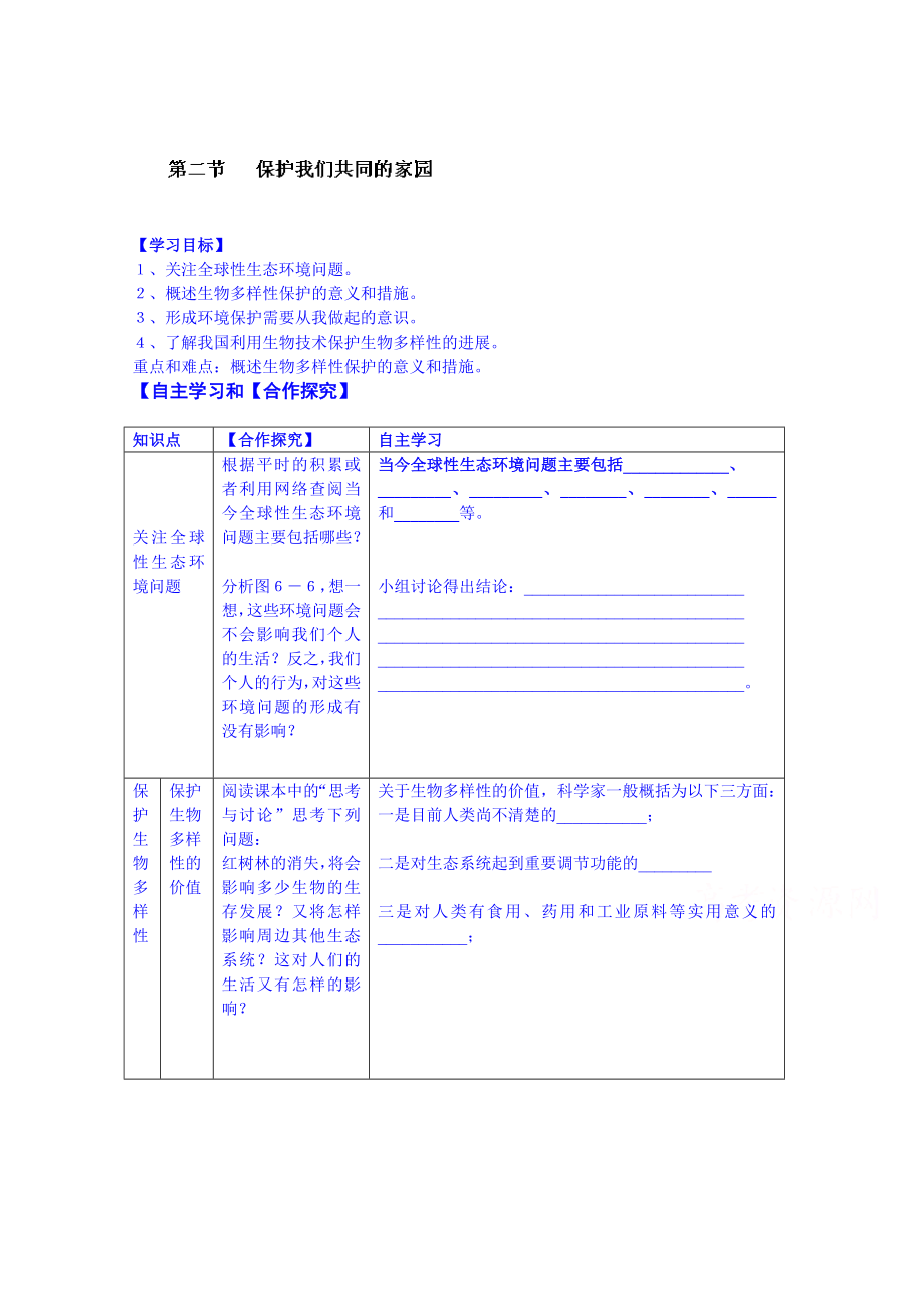 高中生物教案 必修三：第6章 生态环境的保护 第二节 保护我们共同的家园_第1页