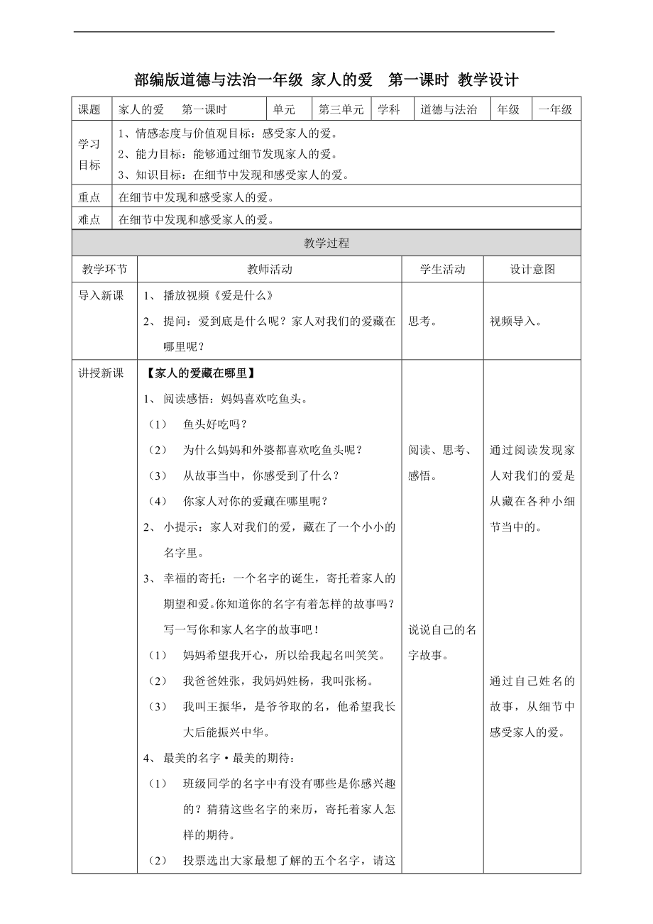 统编版一年级道德与法治下册第10课《家人的爱》精品教案_第1页