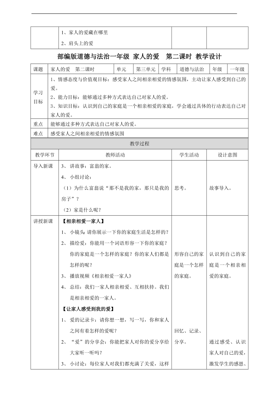 统编版一年级道德与法治下册第10课《家人的爱》精品教案_第3页