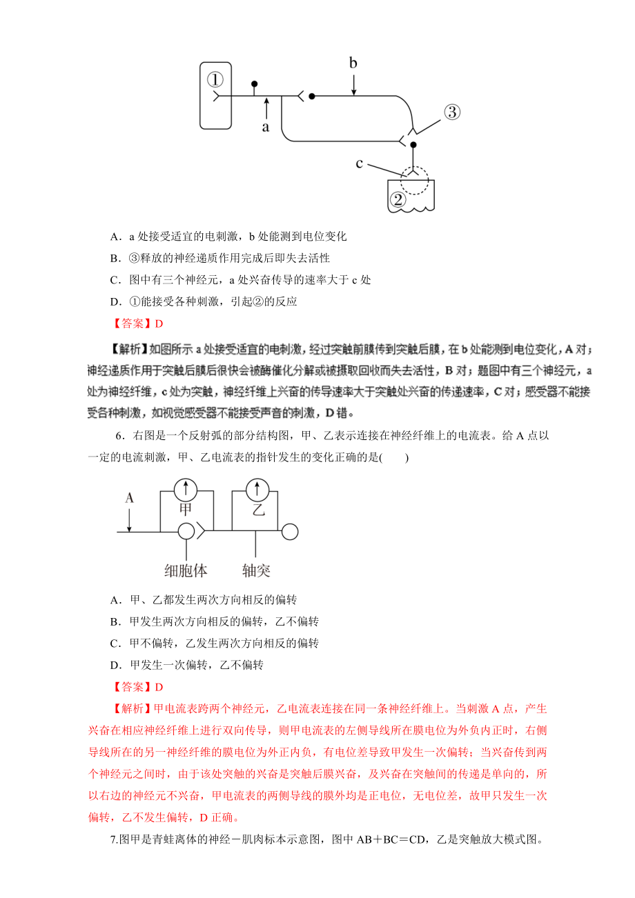 第08章 专题8.2 通过神经系统的调节（押题专练）-高考生物一轮复习精品资料（解析版）Word版含解析_第3页