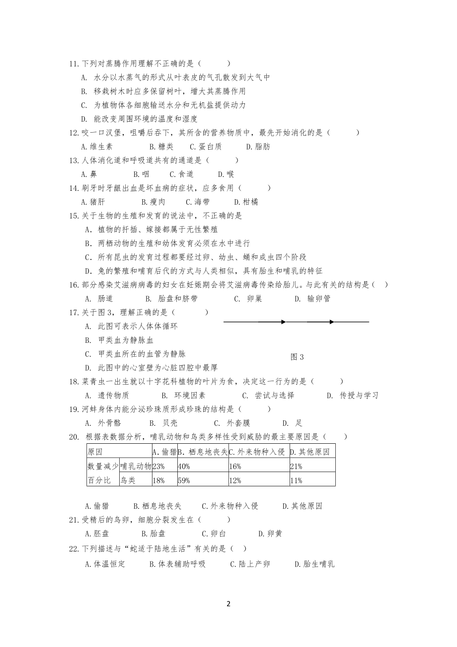 20XX年6月福州市重点初中毕业班适应性试卷及答案(生物)_第2页