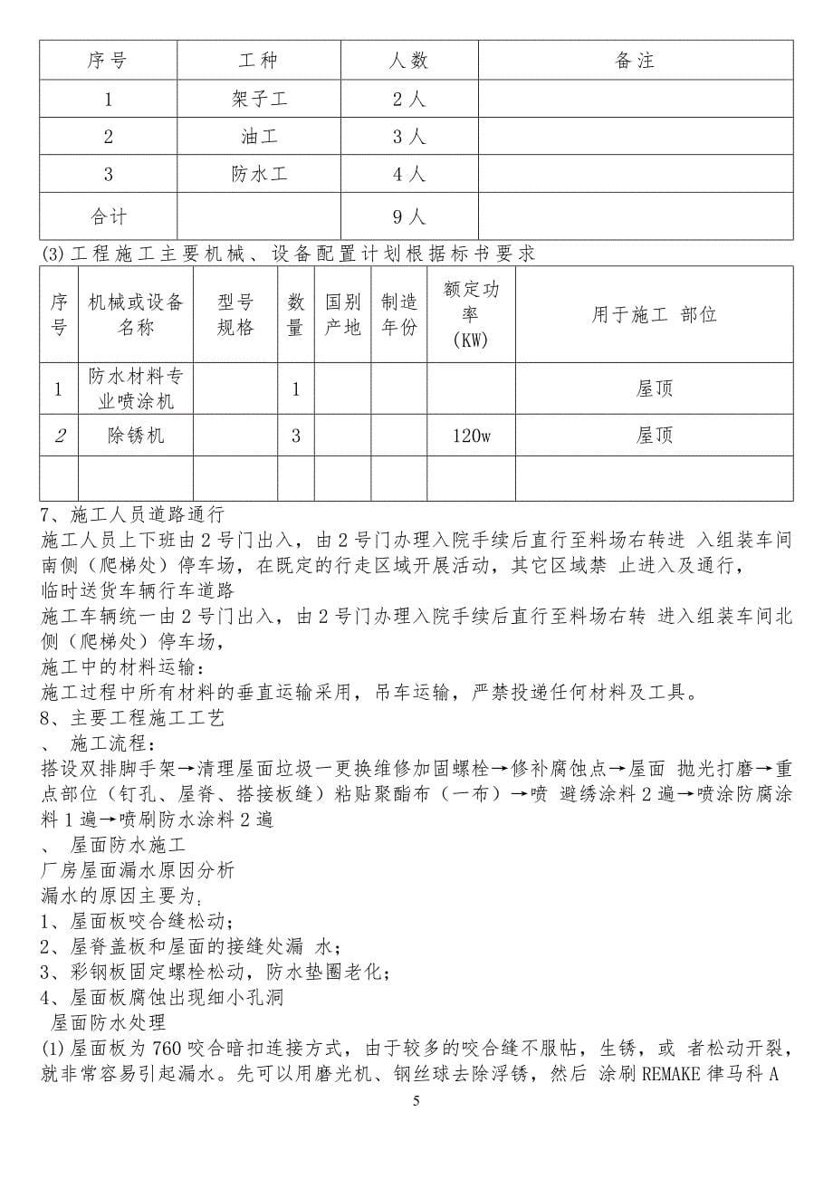 彩钢板屋面除锈及防水工程工程施工方案_第5页