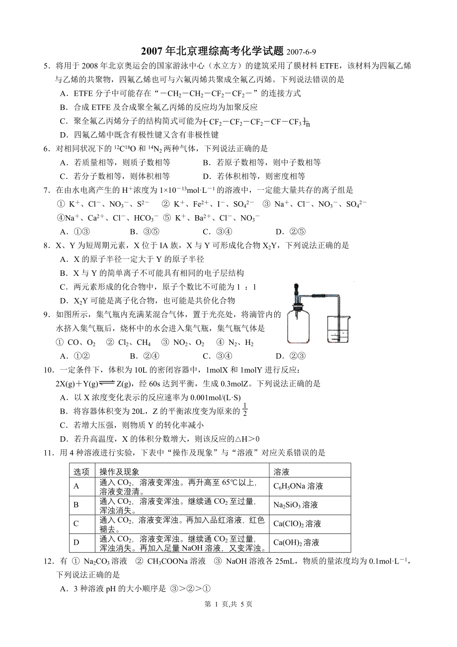 《北京理综高考化学试题(word有答案)》_第1页