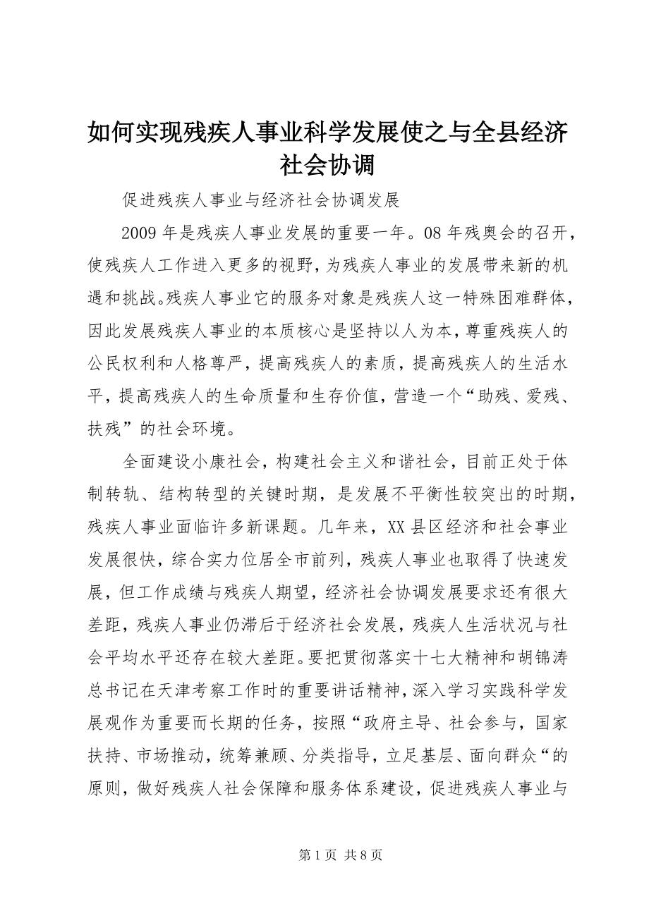 如何实现残疾人事业科学发展使之与全县经济社会协调 (2)_第1页