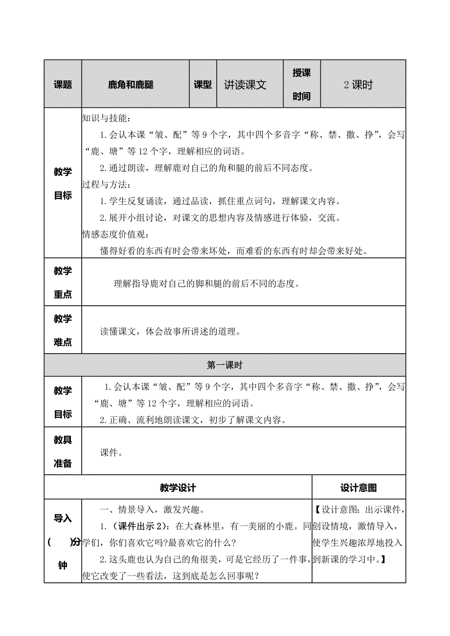 小学语文三年级下7 鹿角和鹿腿教案_第1页