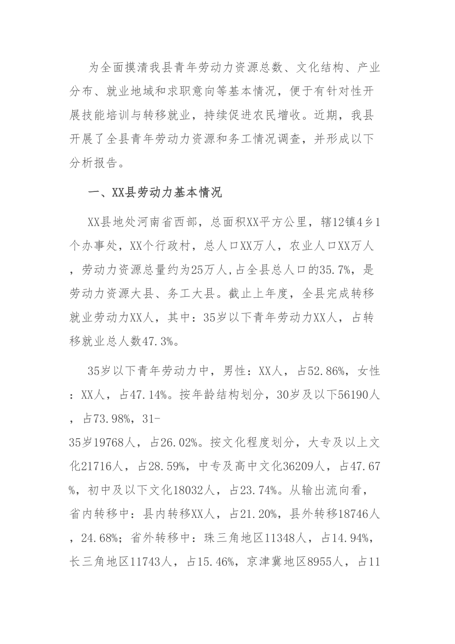 劳动力资源调查报告：县青年劳动力资源调查分析报告_第1页