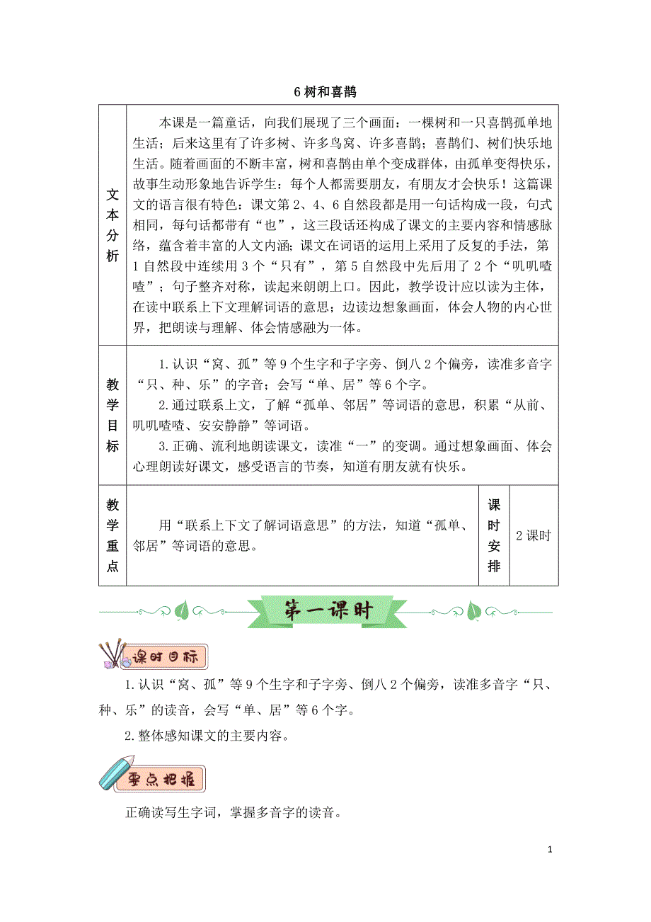 2022年部编版语文1年级下册6 树和喜鹊（教案）_第1页